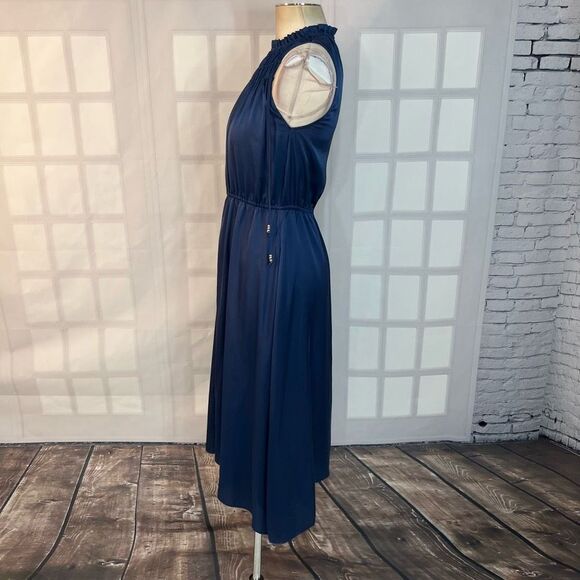 Derek Lam Sleeveless Cinched Pleated Neckline Tassel Blue Satin Midi Dress Sz 4 - Picture 6 of 9